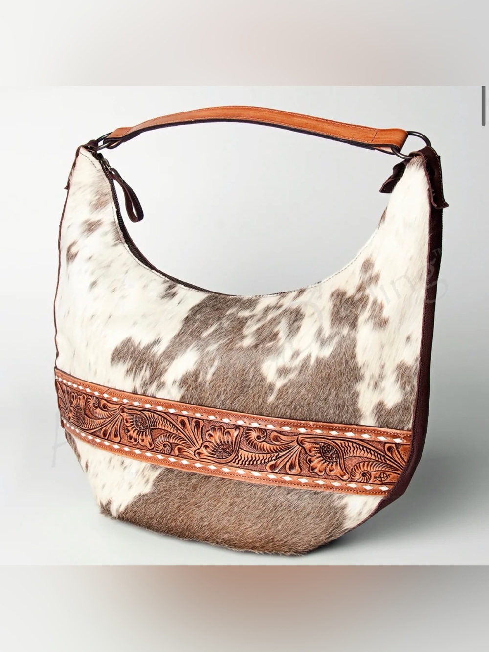 Cowhide Hobo Bag with Tooled Leather Trim in White & Brown